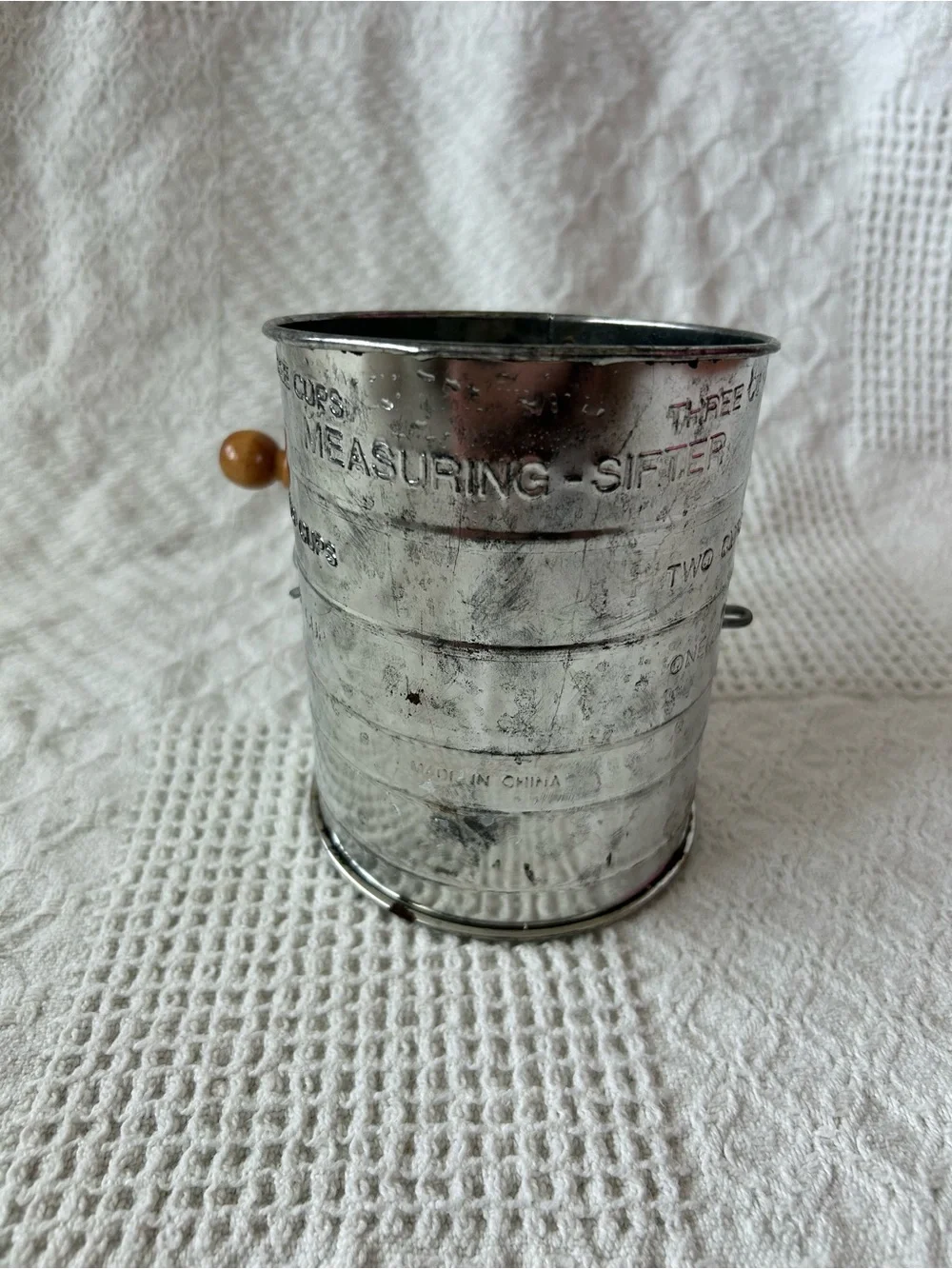 Metal Flour Sifter with Wooden Turn Handle - Silver & Brown